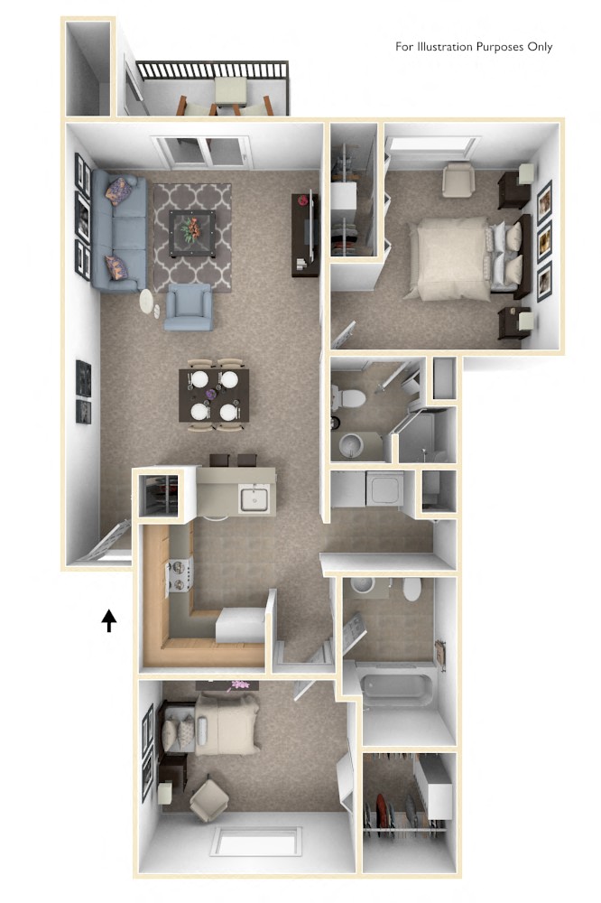 Two Bedroom Two Bath Floor Plan at Canal Club Apartments, Lansing, Michigan